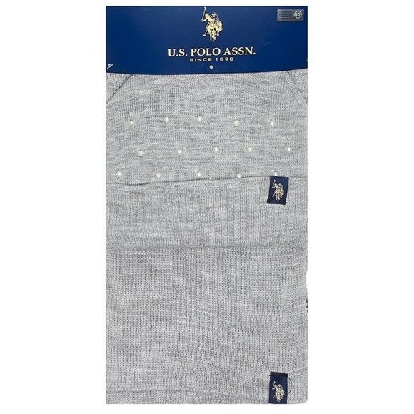 US Polo Assn. Accessories - U.S. Polo Assn. Women's Simulated Pearls Knit Hat & Scarf Set Gray One Size New